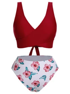 [Plus Size] Wine Red 1930s Floral Bikini Set & Cover-Up -Retro Pulse Shop SCXL000180 1 3