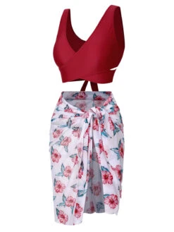 [Plus Size] Wine Red 1930s Floral Bikini Set & Cover-Up -Retro Pulse Shop SCXL000180 2