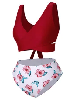 [Plus Size] Wine Red 1930s Floral Bikini Set & Cover-Up -Retro Pulse Shop SCXL000180 2 3