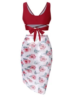 [Plus Size] Wine Red 1930s Floral Bikini Set & Cover-Up -Retro Pulse Shop SCXL000180 3