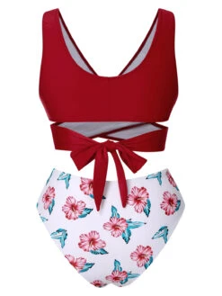 [Plus Size] Wine Red 1930s Floral Bikini Set & Cover-Up -Retro Pulse Shop SCXL000180 3 3