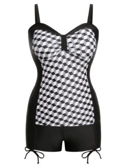 [Plus Size] Black & White 1960s Geometric Lace-Up Swimsuit -Retro Pulse Shop SCXL000181 B 01 4