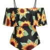 [Plus Size] Black 1940s Sunflower Cold-Shoulder Swimsuit -Retro Pulse Shop SCXL000183 MC 01 2