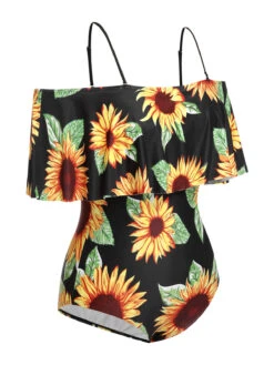 [Plus Size] Black 1940s Sunflower Cold-Shoulder Swimsuit -Retro Pulse Shop SCXL000183 MC 01 3