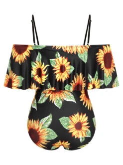 [Plus Size] Black 1940s Sunflower Cold-Shoulder Swimsuit -Retro Pulse Shop SCXL000183 MC 01 4