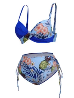 [Plus Size] 1940S Tropical Plant Patchwork Lace-Up Swimsuit -Retro Pulse Shop SCXL000187 14