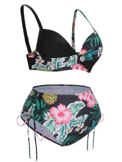 [Plus Size] 1940S Tropical Plant Patchwork Lace-Up Swimsuit -Retro Pulse Shop SCXL000187 2