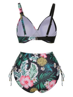 [Plus Size] 1940S Tropical Plant Patchwork Lace-Up Swimsuit -Retro Pulse Shop SCXL000187 3