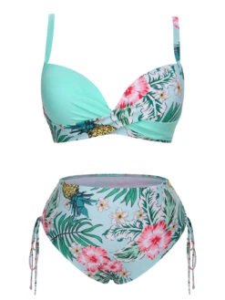 [Plus Size] 1940S Tropical Plant Patchwork Lace-Up Swimsuit -Retro Pulse Shop SCXL000187 7