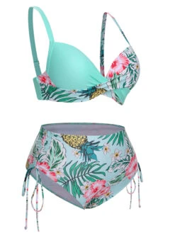 [Plus Size] 1940S Tropical Plant Patchwork Lace-Up Swimsuit -Retro Pulse Shop SCXL000187 8