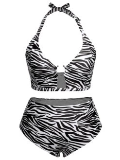 [Plus Size] 1940s Zebra Print Cutout Halter Swimsuit -Retro Pulse Shop SCXL000192 13