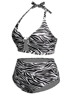[Plus Size] 1940s Zebra Print Cutout Halter Swimsuit -Retro Pulse Shop SCXL000192 14
