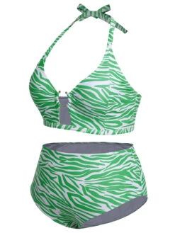 [Plus Size] 1940s Zebra Print Cutout Halter Swimsuit -Retro Pulse Shop SCXL000192 2