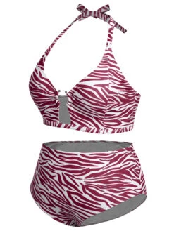 [Plus Size] 1940s Zebra Print Cutout Halter Swimsuit -Retro Pulse Shop SCXL000192 8