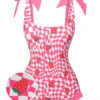 Pink 1960s Strawberry Plaid One-Piece Swimsuit -Retro Pulse Shop SCXL000195 01