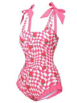 Pink 1960s Strawberry Plaid One-Piece Swimsuit -Retro Pulse Shop SCXL000195 2