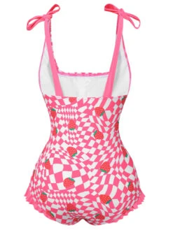 Pink 1960s Strawberry Plaid One-Piece Swimsuit -Retro Pulse Shop SCXL000195 3