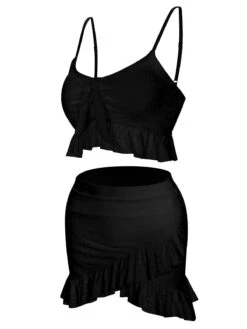 1950s Spaghetti Strap Solid Ruffles Swimsuit & Cover-Up -Retro Pulse Shop SCXL000212 B 2