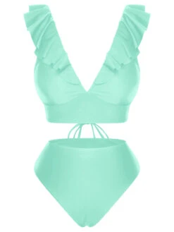 1950s Solid Ruffle Lace-Up V-Neck Swimsuit -Retro Pulse Shop SCXL000218 G 1