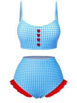 Blue 1950s Spaghetti Strap Button Plaids Swimsuit -Retro Pulse Shop SCXL000220 1