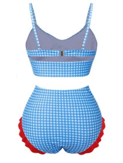 Blue 1950s Spaghetti Strap Button Plaids Swimsuit -Retro Pulse Shop SCXL000220 3