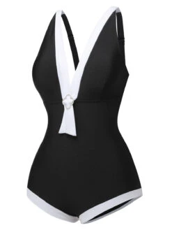 Black 1960s V-Neck Patchwork One-Piece Swimsuit -Retro Pulse Shop SCXL000229 2