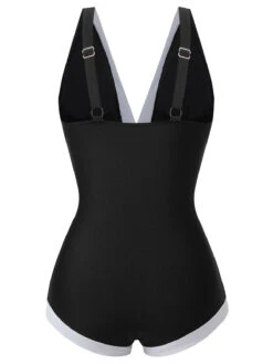 Black 1960s V-Neck Patchwork One-Piece Swimsuit -Retro Pulse Shop SCXL000229 3