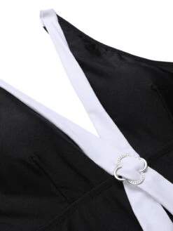 Black 1960s V-Neck Patchwork One-Piece Swimsuit -Retro Pulse Shop SCXL000229 4