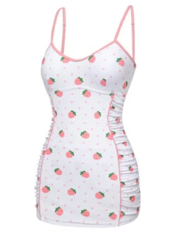 White & Pink 1950s Strawberry Pleated Swimsuit 12 White & Pink 1950s Strawberry Pleated Swimsuit -Retro Pulse Shop SCXL000232 2