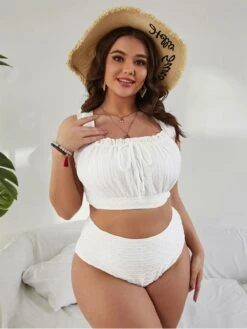 [Plus Size] White 1950s Solid Ruffle Lace-Up Swimsuit -Retro Pulse Shop SCXL000240 W 2