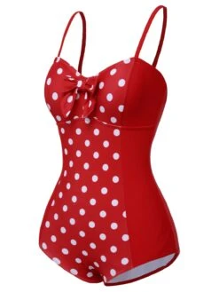 Red 1950s Polka Dot Patchwork Strap Swimsuit -Retro Pulse Shop SCXL000251 2