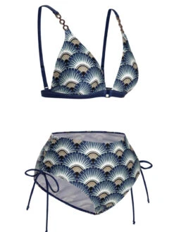 Blue 1930s Ancient Fan Lace-Up Bikini Set -Retro Pulse Shop SCXL000257 2