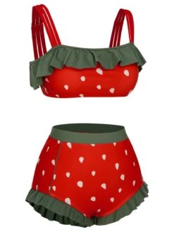 [Pre-Sale] Pink 1950s Strawberry Ruffle Strap Swimsuit -Retro Pulse Shop SCXL000265 2 1