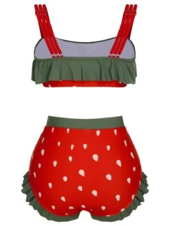 Red 1950s Strawberry Ruffle Strap Swimsuit -Retro Pulse Shop SCXL000265 3