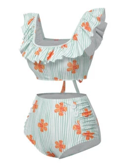 Light Green 1950s Floral Stripe Ruffle Swimsuit -Retro Pulse Shop SCXL000266 2