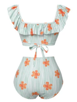 Light Green 1950s Floral Stripe Ruffle Swimsuit -Retro Pulse Shop SCXL000266 3