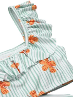 Light Green 1950s Floral Stripe Ruffle Swimsuit -Retro Pulse Shop SCXL000266 4
