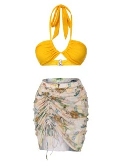 2PCS Yellow 1970s Retro Architectural Pattern Swimsuit & Cover-Up -Retro Pulse Shop SCXL000273 SCXL000274 1