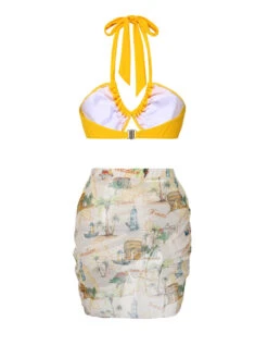 2PCS Yellow 1970s Retro Architectural Pattern Swimsuit & Cover-Up -Retro Pulse Shop SCXL000273 SCXL000274 3
