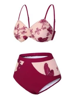 [Pre-Sale] Wine Red 1950s Spaghetti Strap Butterflies Swimsuit -Retro Pulse Shop SCXL000281 2 compressed