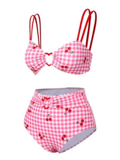 [Pre-Sale] Pink 1950s Plaid & Cherry Strap Swimsuit -Retro Pulse Shop SCXL000302 2