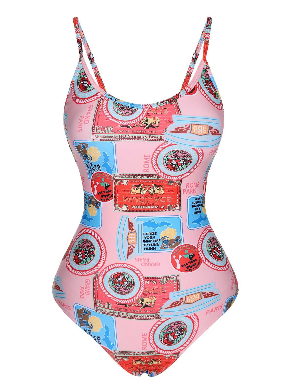 Pink 1940s Spaghetti Strap Print One-Piece Swimsuit 3 Pink 1940s Spaghetti Strap Print One-Piece Swimsuit