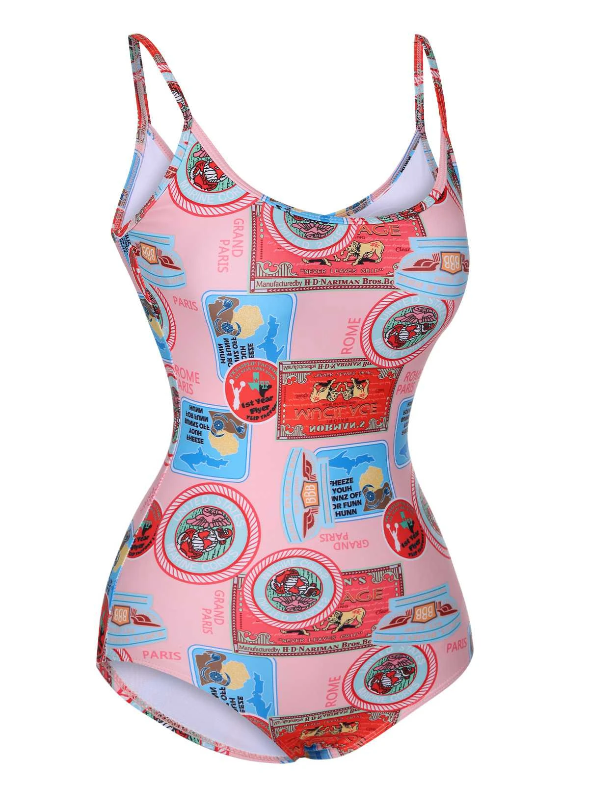 Pink 1940s Spaghetti Strap Print One-Piece Swimsuit 4 Pink 1940s Spaghetti Strap Print One-Piece Swimsuit - Image 2