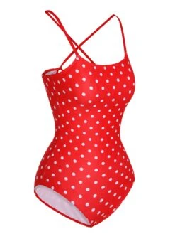 Red 1950s Polka Dot Back Strap One-Piece Swimsuit -Retro Pulse Shop SCXL000326 2