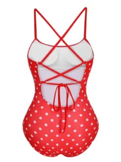 Red 1950s Polka Dot Back Strap One-Piece Swimsuit -Retro Pulse Shop SCXL000326 3