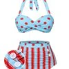 Blue 1940s Polka Dot Stripe Halter Swimsuit
