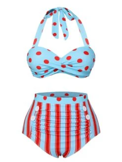 Blue 1940s Polka Dot Stripe Halter Swimsuit 10 Blue 1940s Polka Dot Stripe Halter Swimsuit -Retro Pulse Shop SCXL000327 1