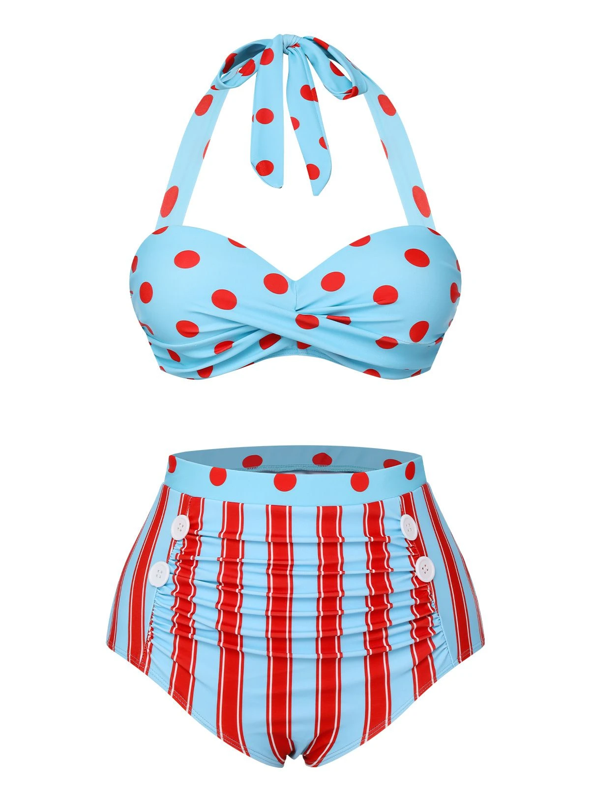 Blue 1940s Polka Dot Stripe Halter Swimsuit 4 Blue 1940s Polka Dot Stripe Halter Swimsuit - Image 2
