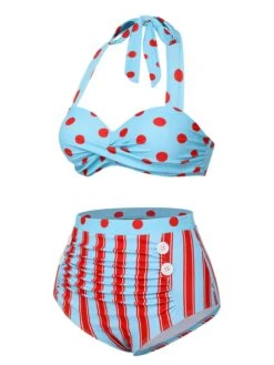 Blue 1940s Polka Dot Stripe Halter Swimsuit 11 Blue 1940s Polka Dot Stripe Halter Swimsuit -Retro Pulse Shop SCXL000327 2