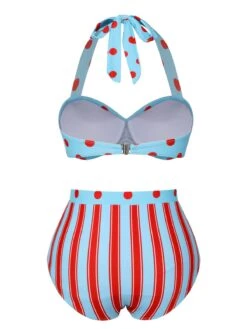 Blue 1940s Polka Dot Stripe Halter Swimsuit 12 Blue 1940s Polka Dot Stripe Halter Swimsuit -Retro Pulse Shop SCXL000327 3